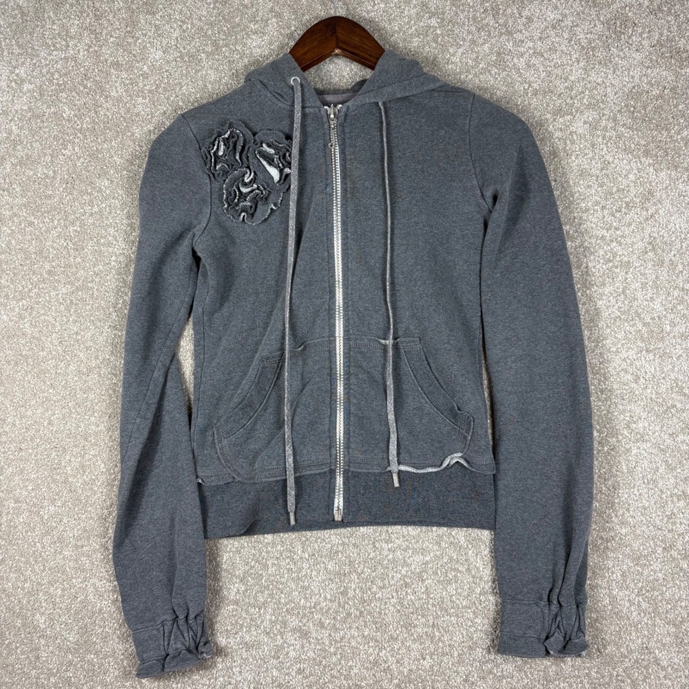 Juicy Couture Gray Floral Rosette Zip Up Hoodie Ruffle Cuff Y2K Petite P